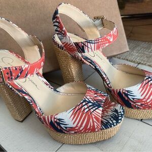 Jessica Simpson Printed Espadrille Wedge Sandals – Tropical / Palm Print